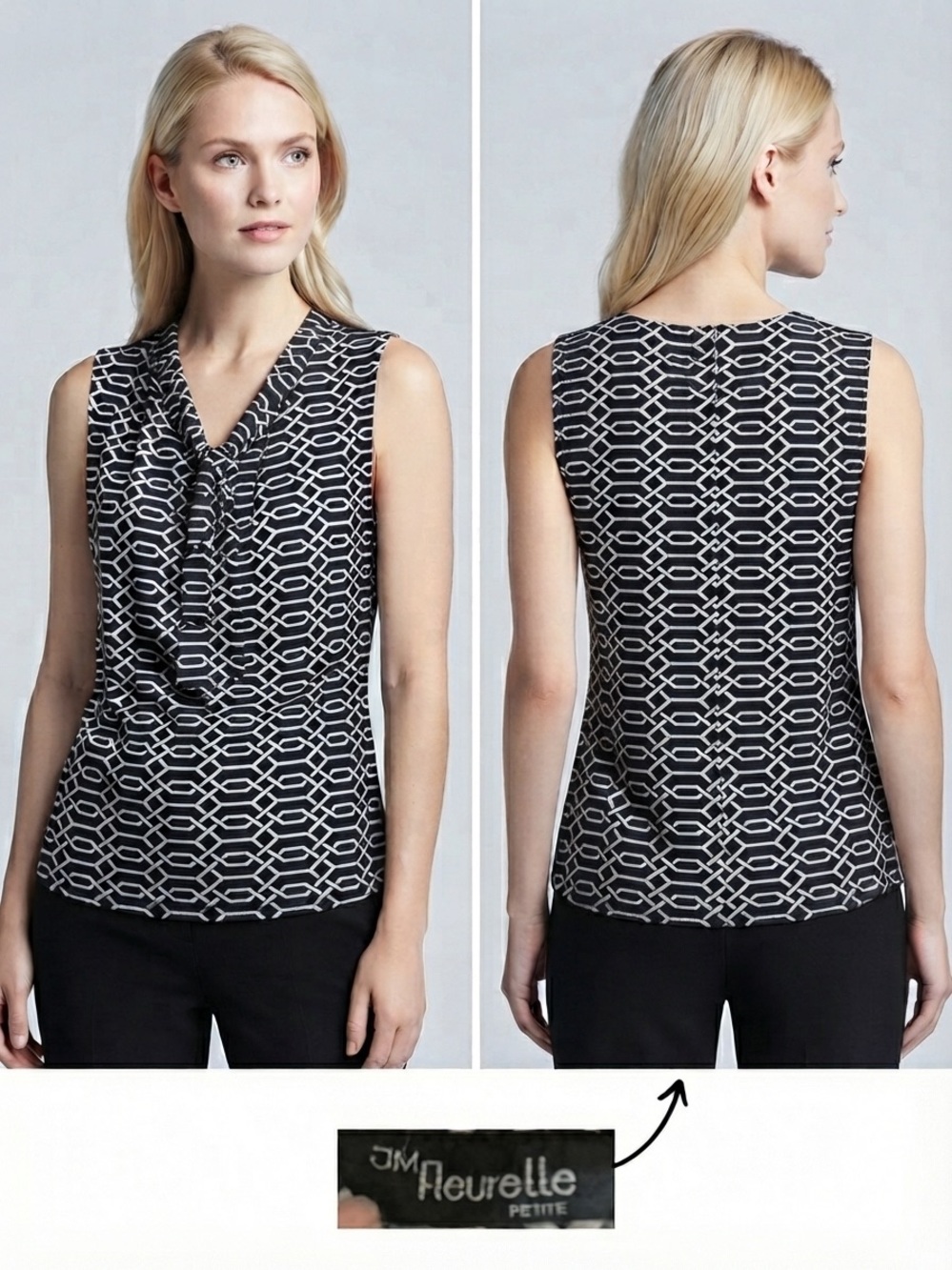 JM Fleurette Black & White Geometric Tie-NeckTop